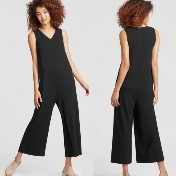 Eileen Fisher Pants - Eileen Fisher Stretch Viscose Jersey Wide Leg Crop Jumpsuit Black Sleeveless-XL